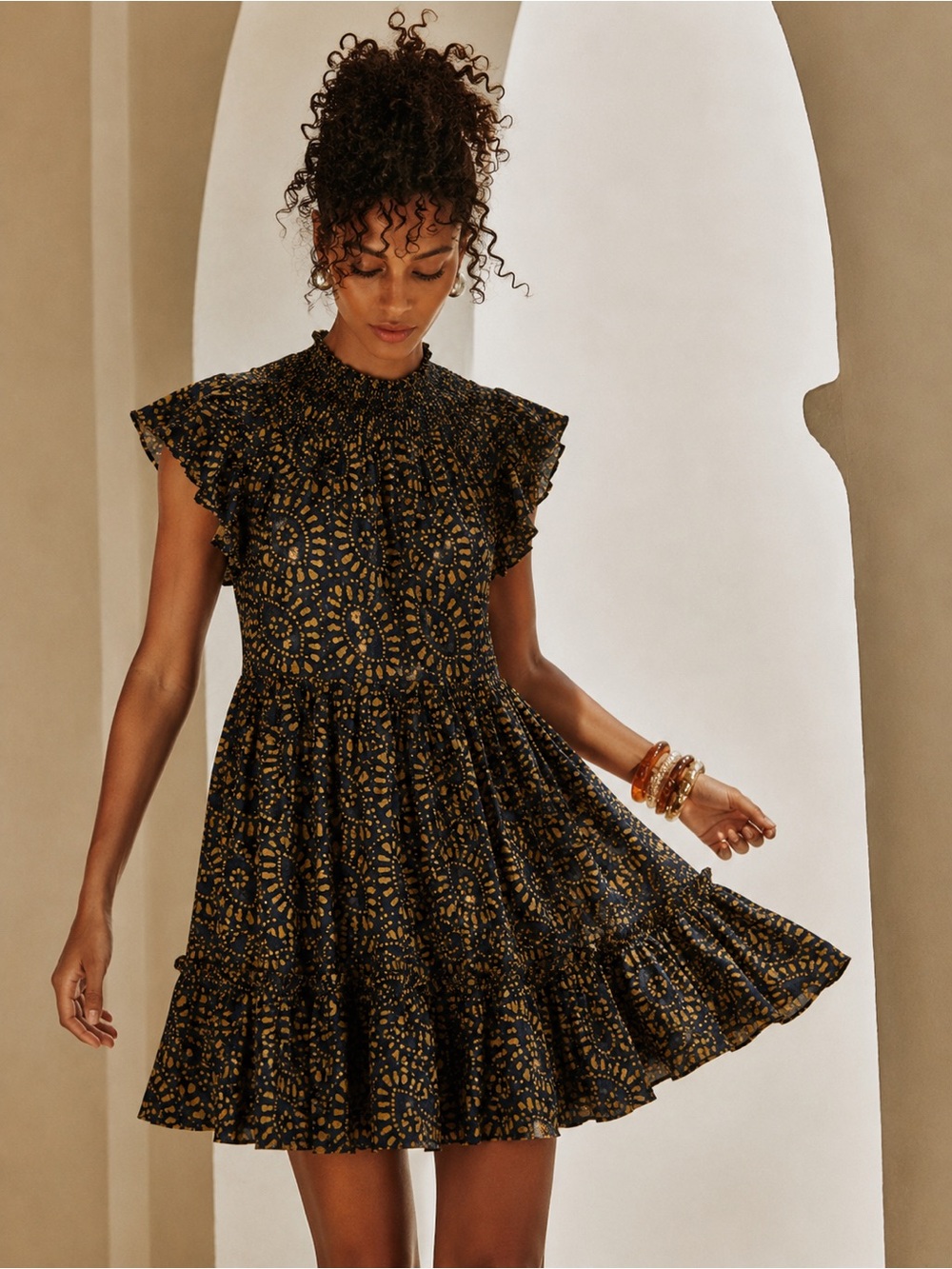 Caroline Constas Black & Gold Printed Ruffle Flutter Sleeve Mini Dress | L